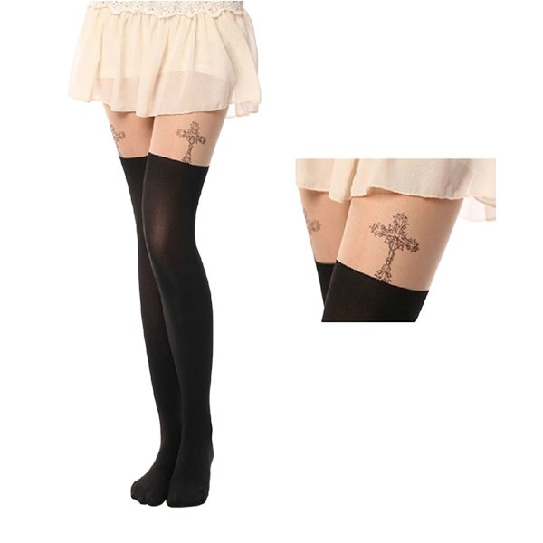 Sexy Black Cute Cat Tattoo Socks Sheer Pantyhose Mock Stockings Tights